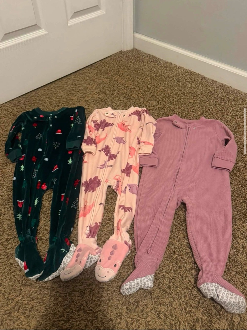 Baby Sleepers - Pink Plush Dinosaur, Mauve Style, and Christmas Design